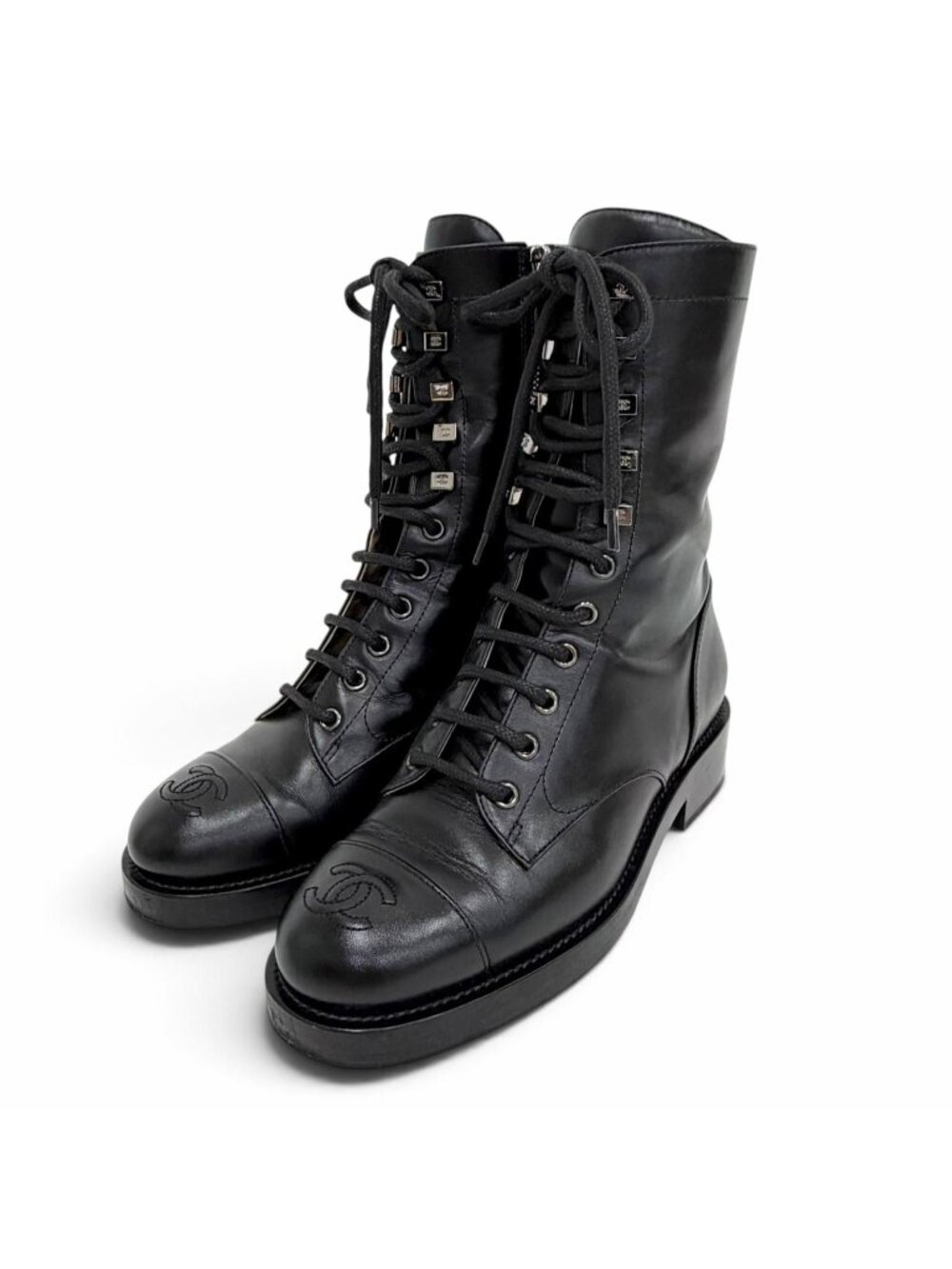 Chanel Leather CC Logo Stitch Side Zip Lace-up Short Boots Black